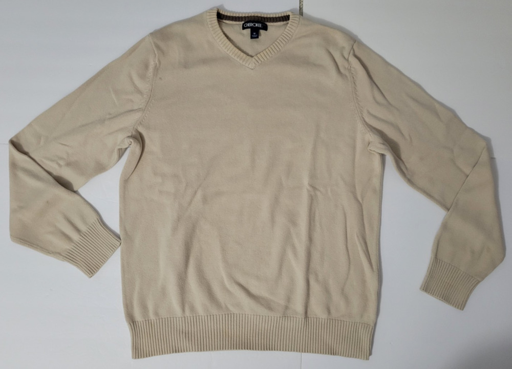 Vintage 90s Cherokee Mens M Beige V-Neck 100% Cotton Knit Pullover Sweater